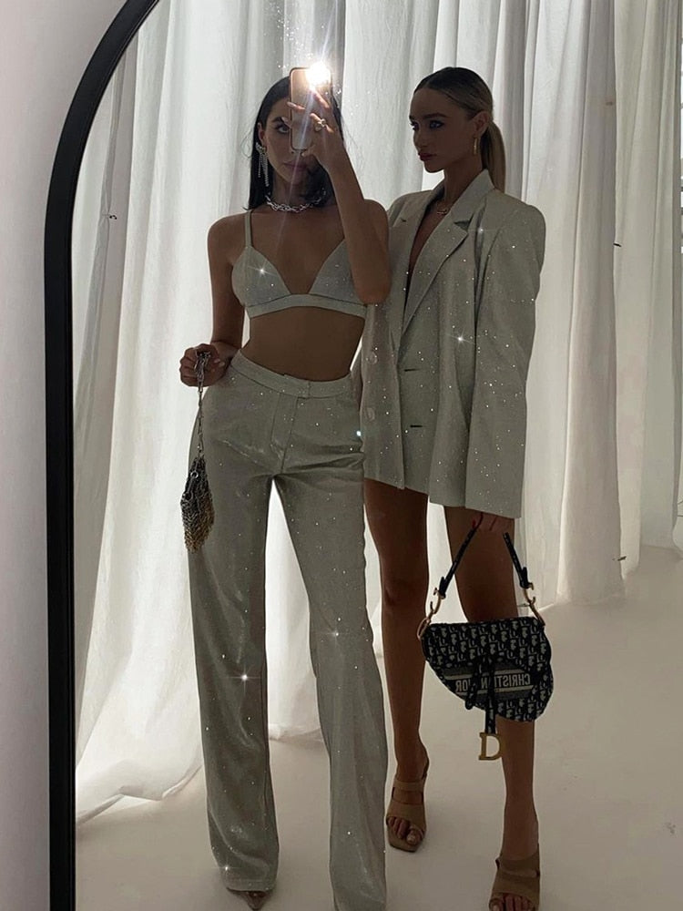 Glitter Silver Party Two Piece Pants Set