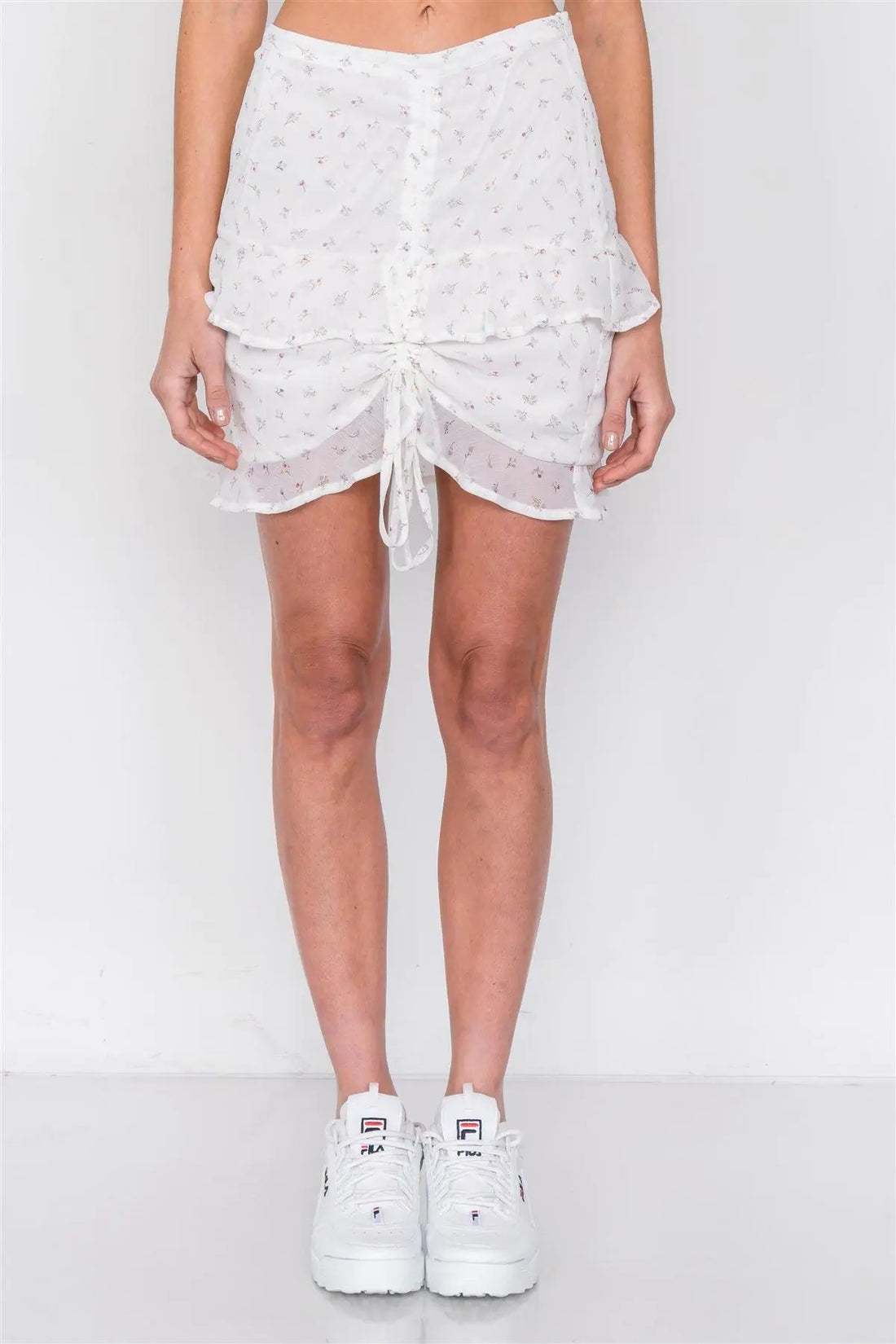 Off-White Minimalist Floral Print Bow Bandeau Mini Frill Skirt Set   /1-1-1